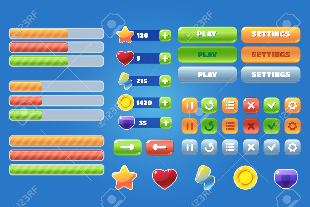 カジュアルゲームやアプリのインターフェース用のアイコンとボタンのセット。モバイルゲームのUIデザイン。ベクター画像GUIプログレスバー、再生、設定、 アイコンスター、ハート、漫画スタイルのコイン。のイラスト素材・ベクター Image 192505228