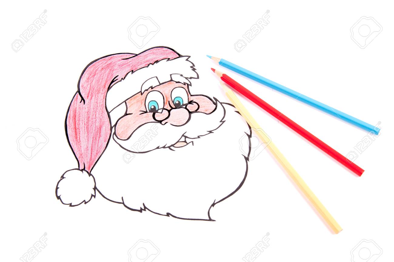Santa Claus Drawing With Color Pencil On White