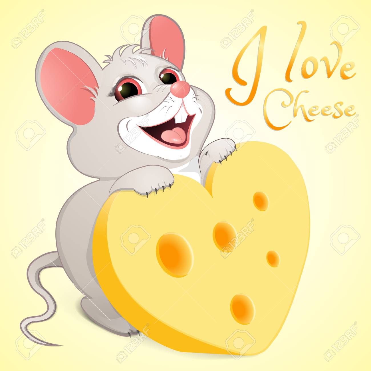 White Mice With Cheese In The Form Of Heart And The Inscription I Love . Greeting Card White Mice With Cheese In The Form Of Heart And The Inscription I Love . Greeting Card