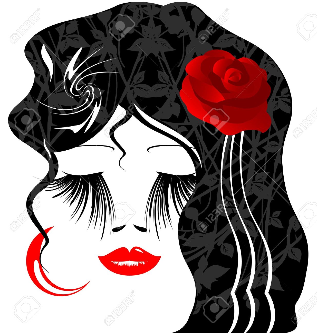 on a white background is outlines woman's face with red rose in her black hair - 9920816 on a white background is outlines woman's face with red rose in her black hair - 9920816
