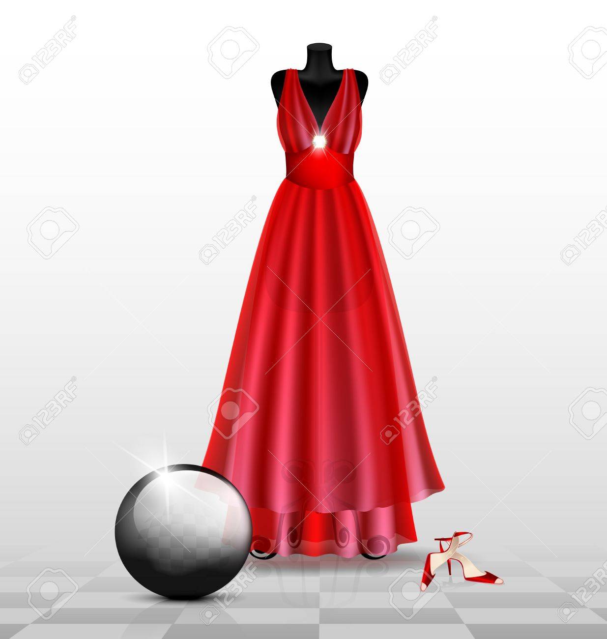 black gown red shoes