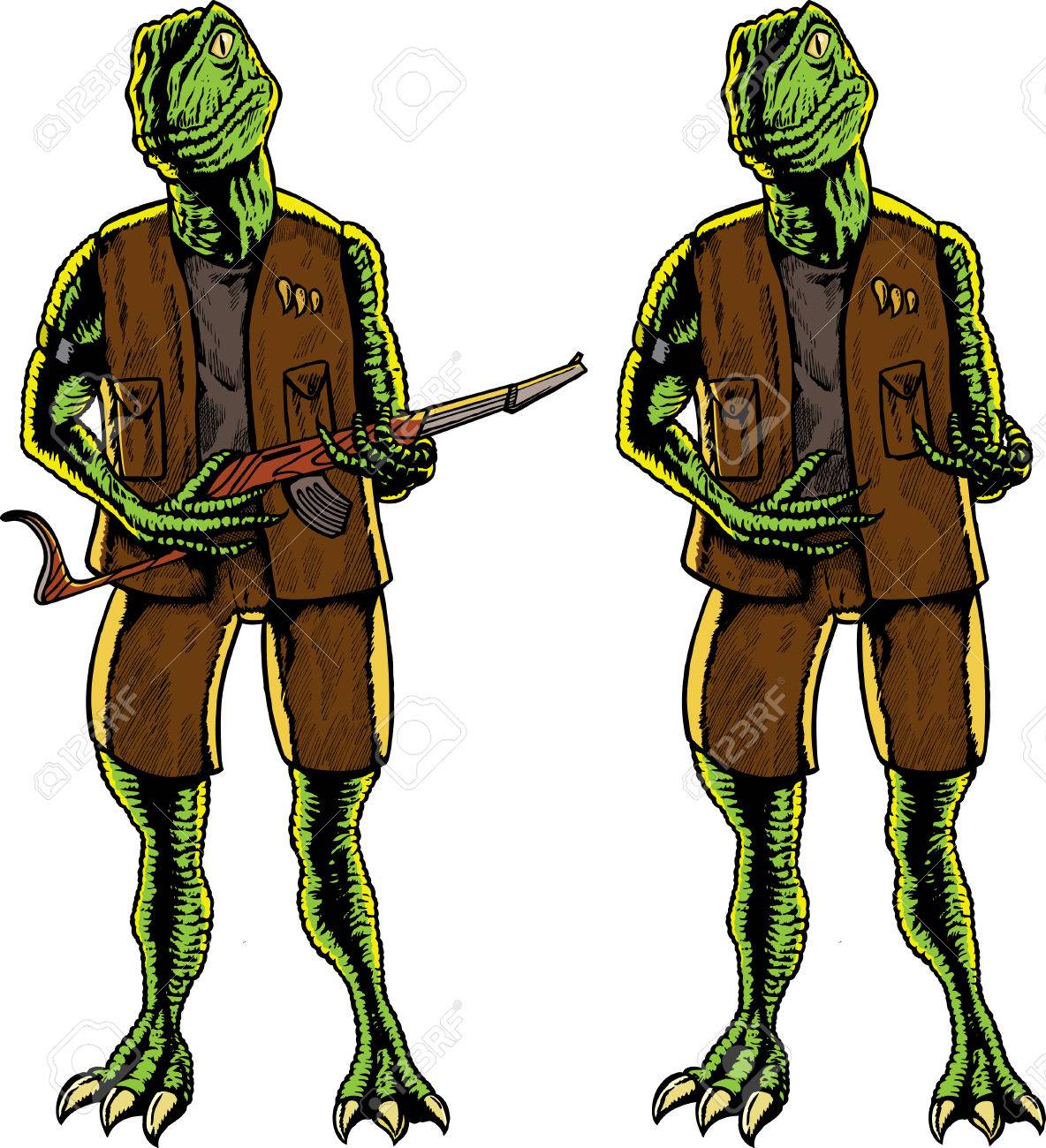 恐竜兵士持株銃 彼は他の何かを保持することができます のイラスト素材 ベクタ Image