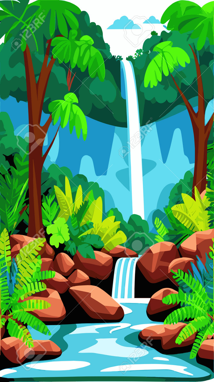 Waterfall In The Jungle With Trees And Mountains. Vector Cartoon  Illustration Of Rain Forest Landscape With River Falls From Rocks To Lake.  Rainforest Scene With Green Plants And Water Streams On Stones, image size:731x1300
