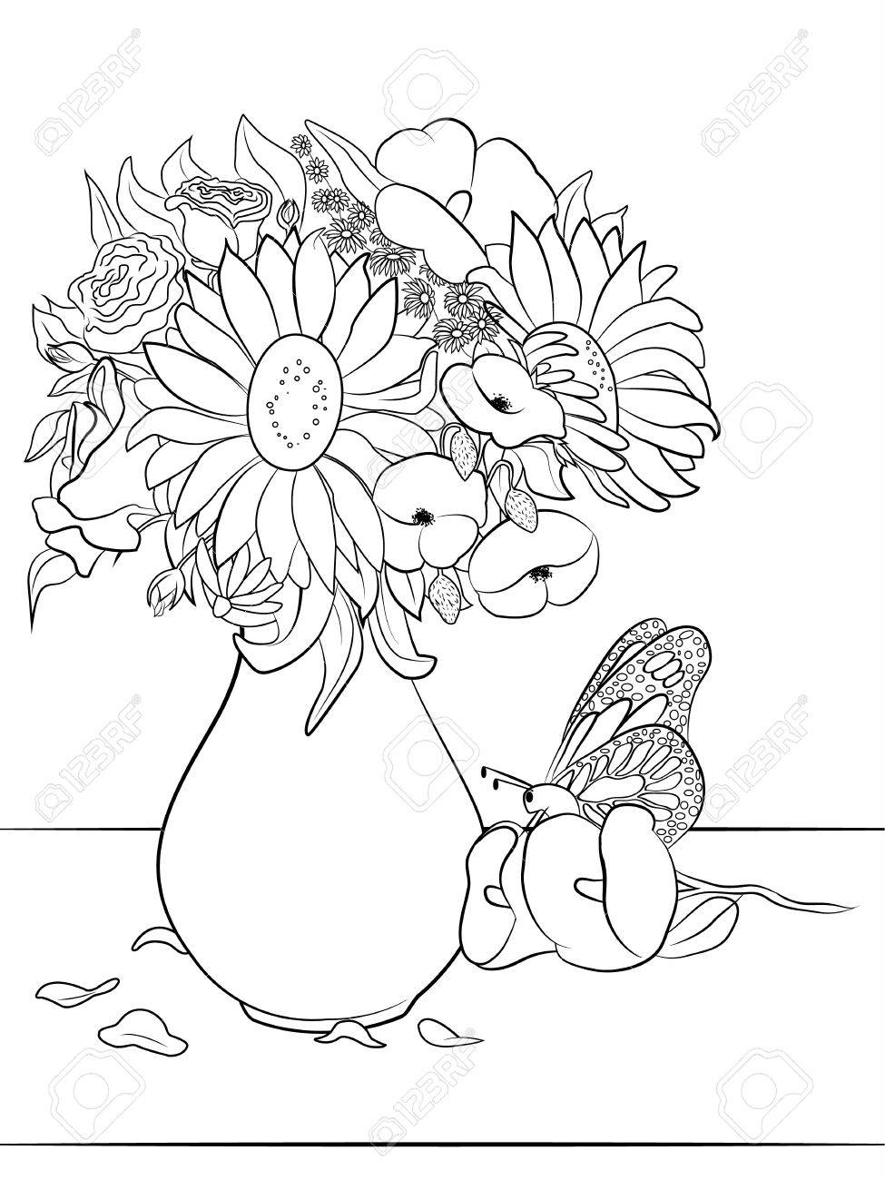 Vase with flowers Coloring page for adults and kids Stock Vector