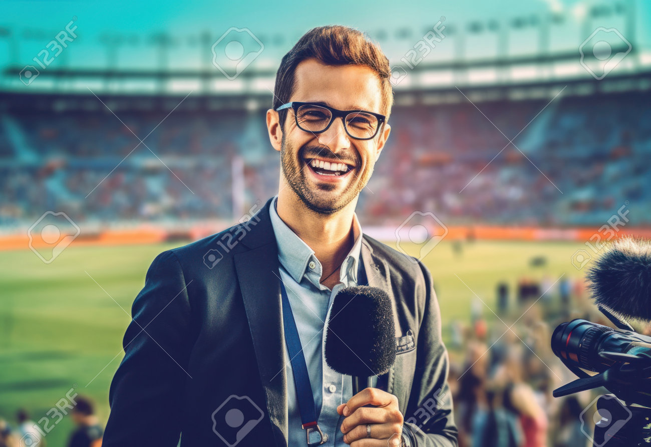 サッカーのイベントからライブで報告する男性スポーツジャーナリスト 。ハッピーフットボールレポーターは、ゲームの結果について直接コメントします。ニュース記事やスポーツ関連のコンテンツ。ジェネレーティブ  AI。の写真素材・画像素材 Image 206509017