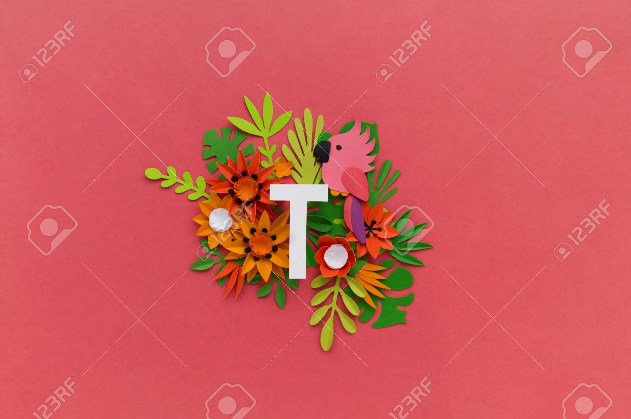 letter t of the alphabet cut out of white paper surrounded by paper flower cut out
