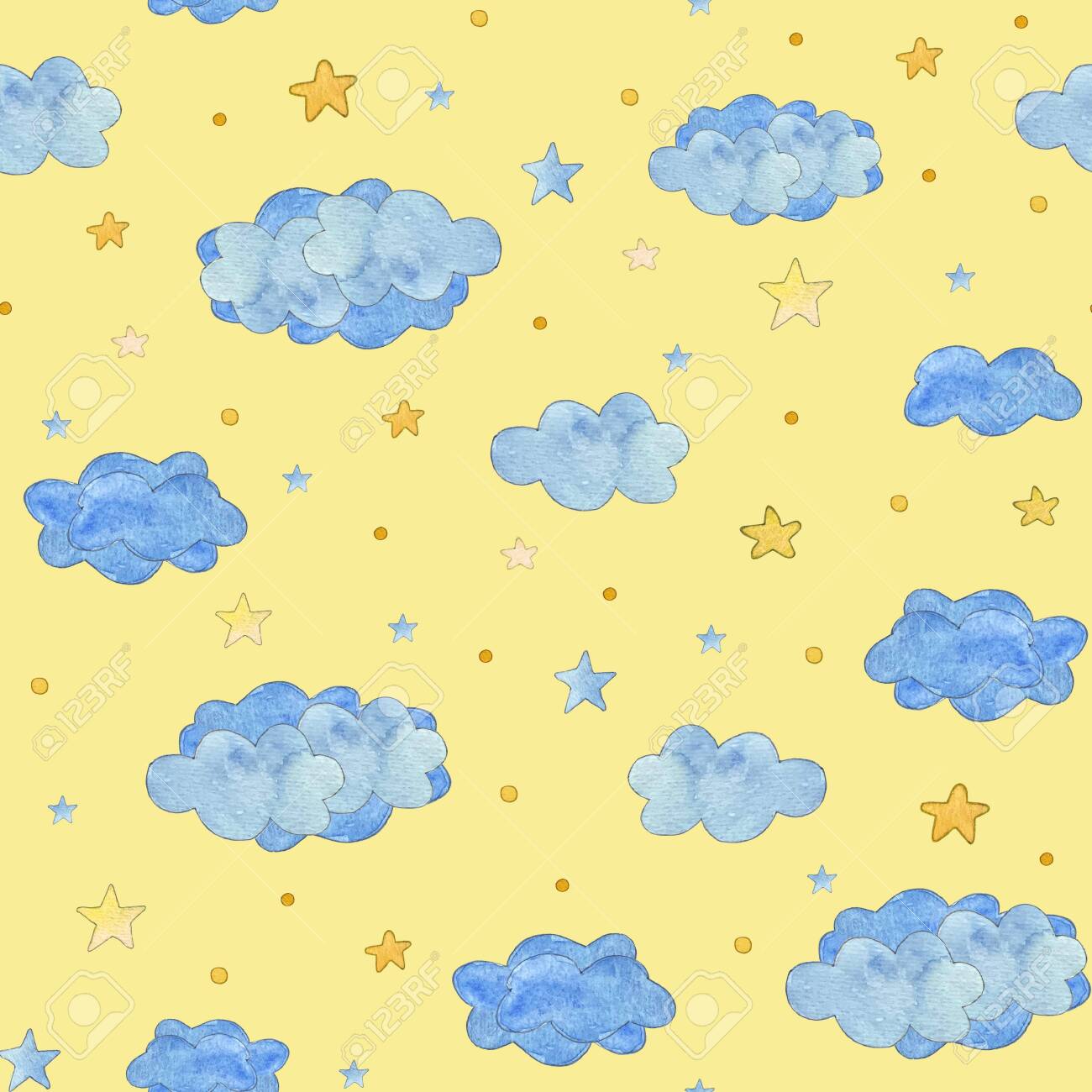 Seamless Pattern With Blue Clouds And Yellow Stars Baby Background Stock Photo Picture And Royalty Free Image Image