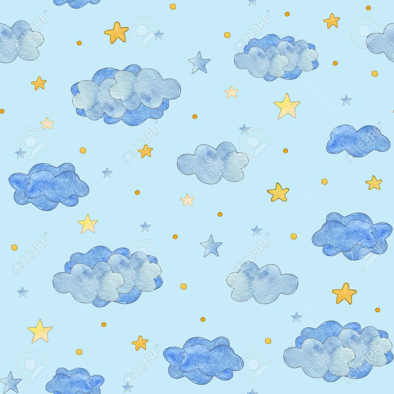Seamless Pattern With Blue Clouds And Yellow Stars Baby Background Stock Photo Picture And Royalty Free Image Image