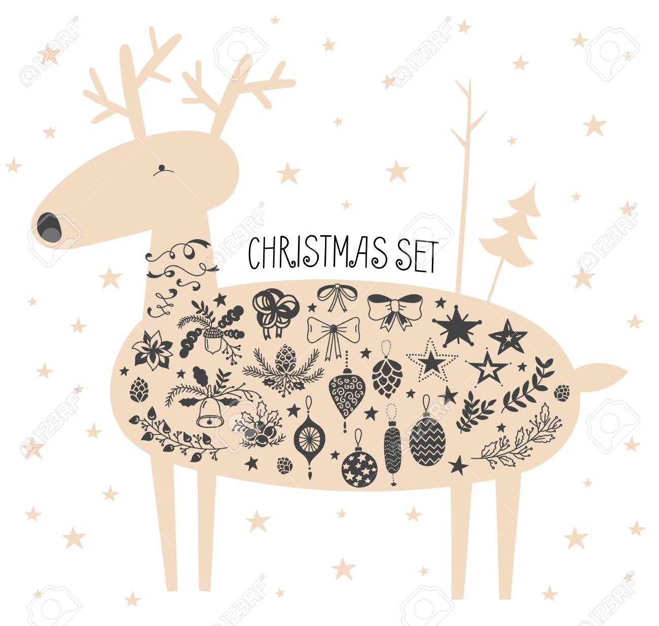手描きかわいい鹿星とクリスマスのアイコンのベクトル図を設定します 鐘 そりの鈴 弓 星 カシ モミの枝 リボン 松ぼっくり クリスマス ボール ドングリ 白い背景 のイラスト素材 ベクタ Image 66638089