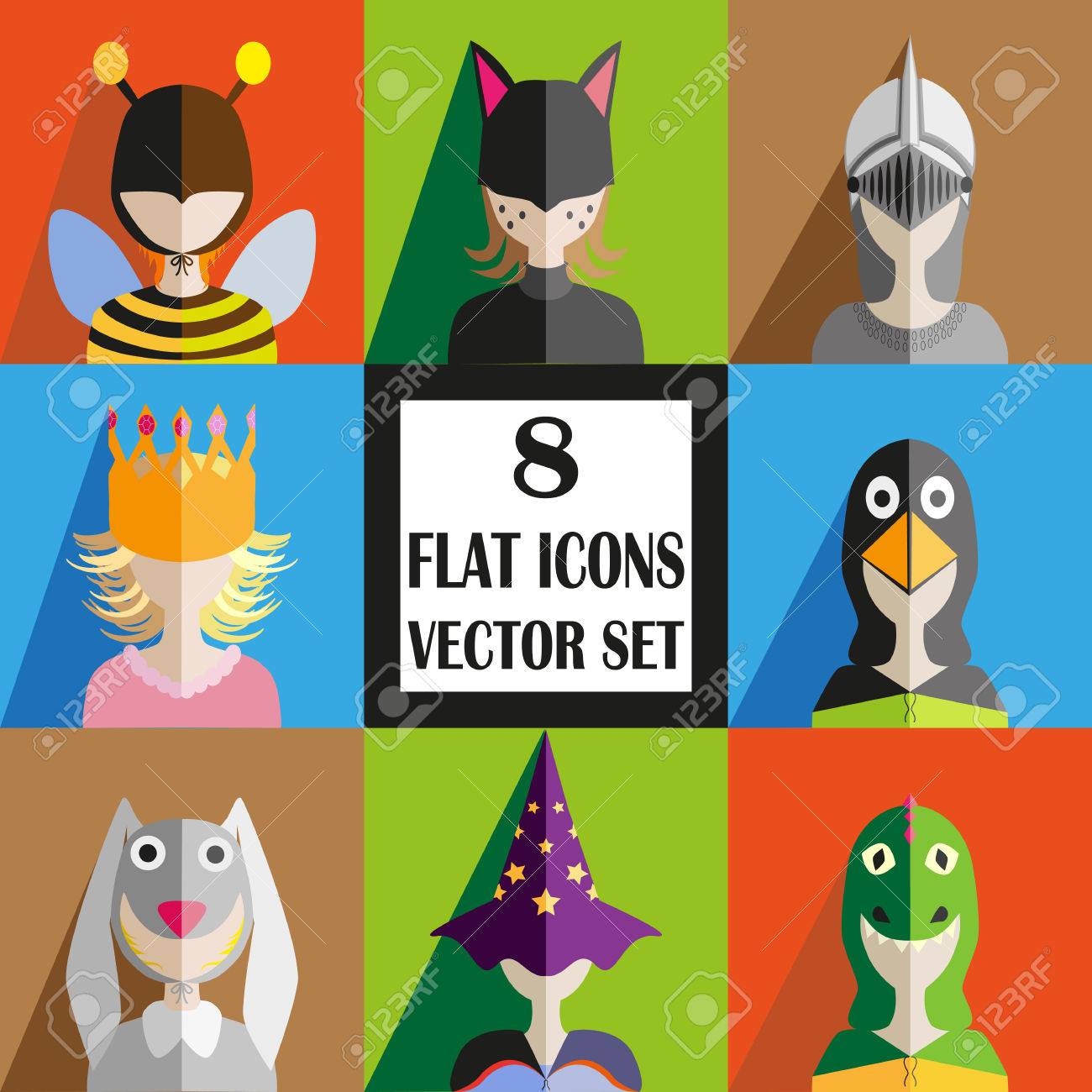 仮面舞踏会コスチューム アイコン セットの子どもたち 子供の顔はフラット アプリと Web デザインのスタイルのアイコンです のイラスト素材 ベクタ Image