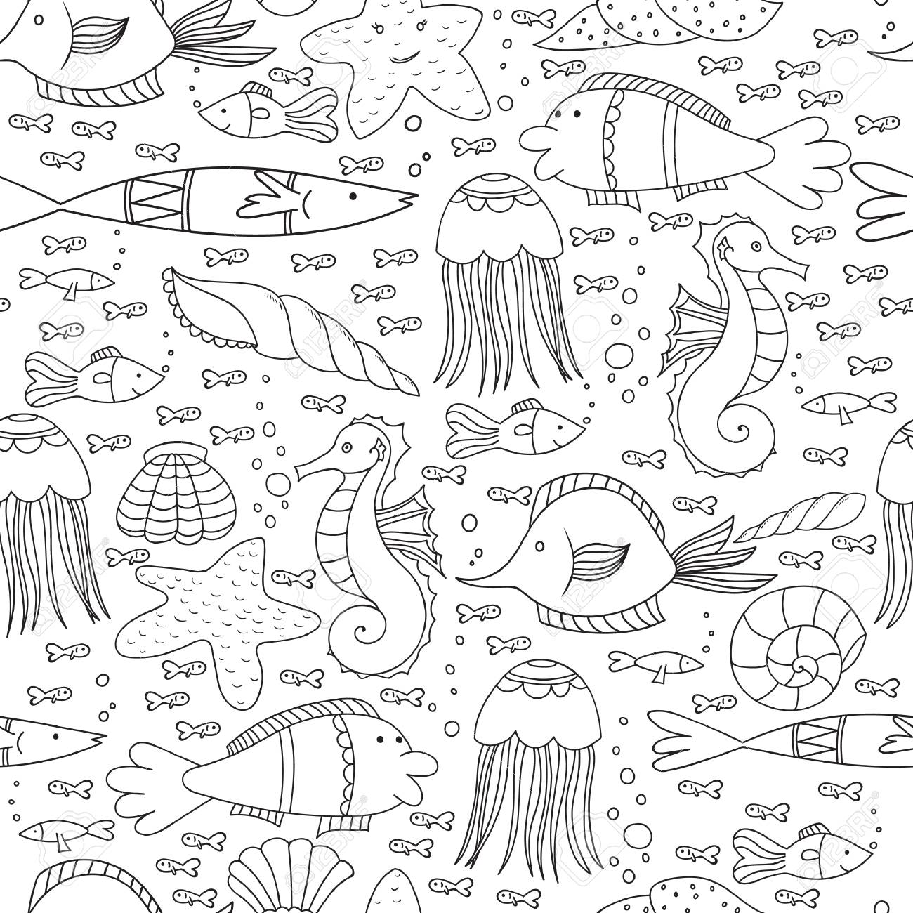 魚 貝 くらげ泡 ライン と水中のシームレス パターン のイラスト素材 ベクタ Image