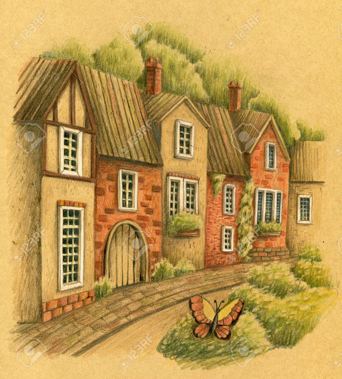 色鉛筆画 秋の建物風景