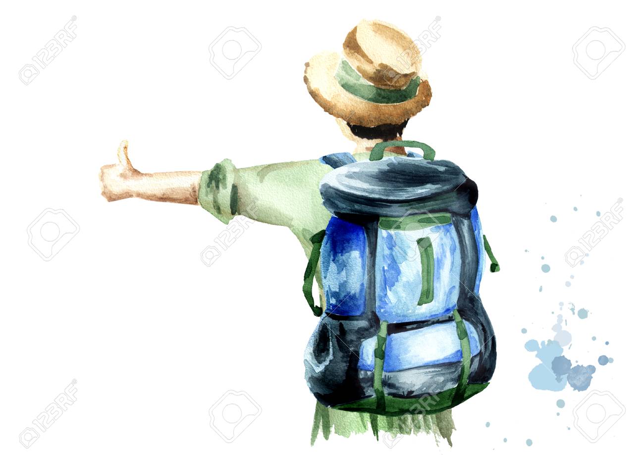 緑のブラウスを着た女の子ヒッチハイカーと 彼女の肩にバックパックを背負った麦わら帽子 が 視聴者に背中を向けて立っている 白い背景に隔離されています 水彩画描き下ろしイラスト の写真素材 画像素材 Image