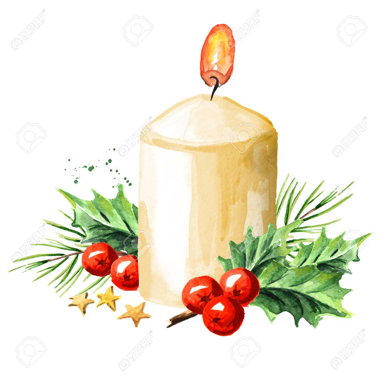 Christmas Or Advent Candle With Decoration Watercolor Hand Drawn Stock Photo Picture And Royalty Free Image Image 128946268