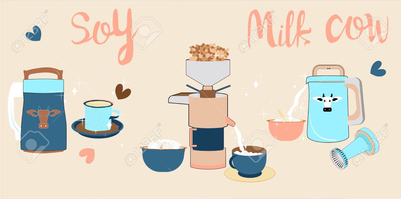 Soy Milk Maker Or Soy Cow Hand Drawn Doodle Cartoon Set. Organic Drink, Vegan Milk, Soybeans, Soy Milk Maker Or Soy Cow Hand Drawn Doodle Cartoon Set. Organic Drink, Vegan Milk, Soybeans,
