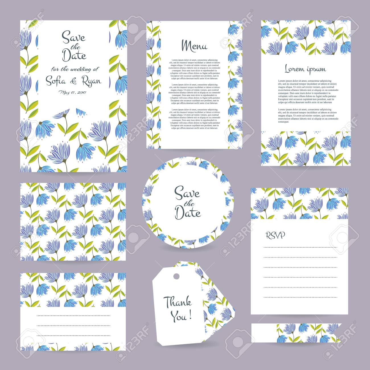 花のデザインを持つベクトル穏やかな結婚式カード テンプレート 結婚式の招待状やブライダル デザインの日付 Rsvp メニューのありがとうカードを保存します 花飾り付きはがきのベクトルを設定します のイラスト素材 ベクタ Image