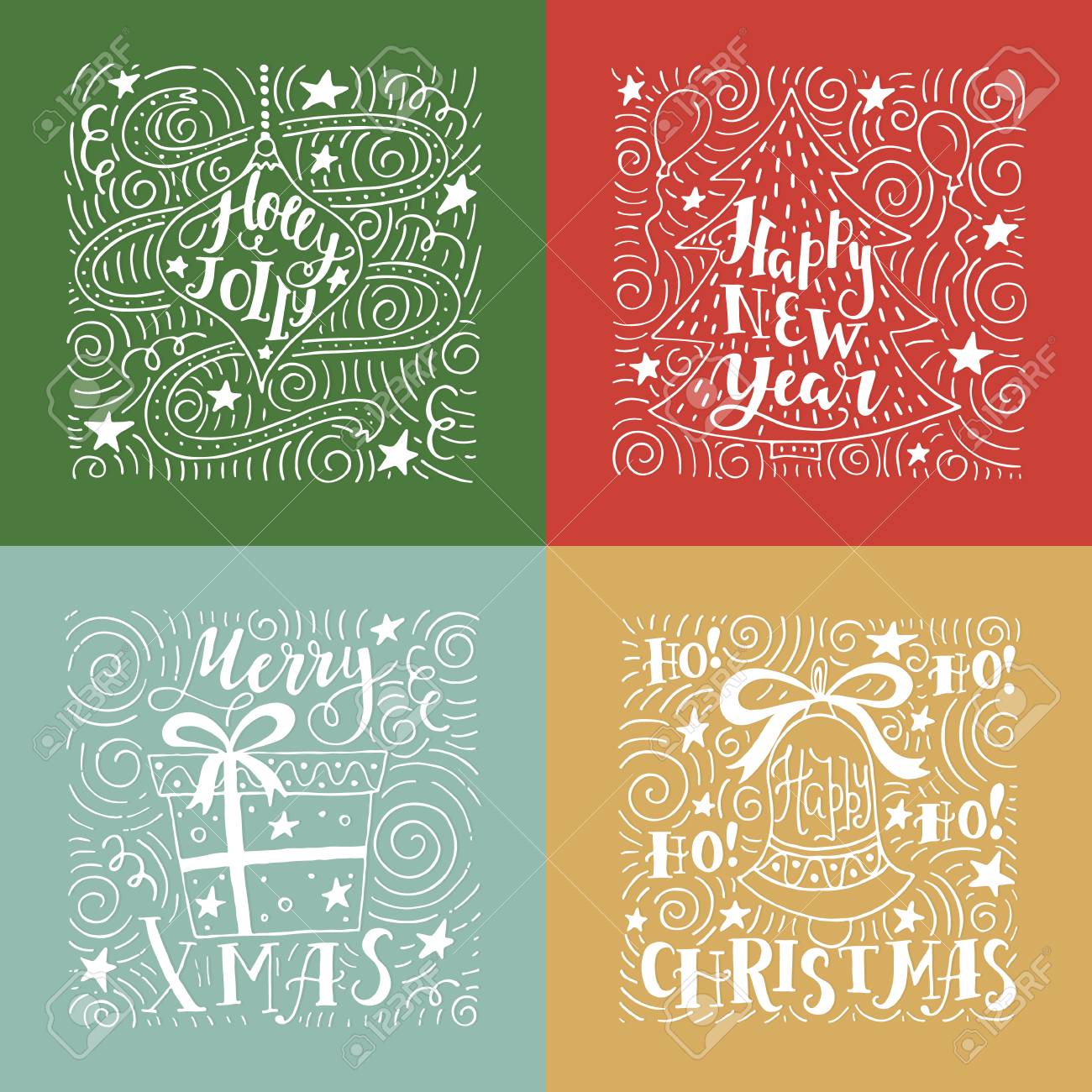 かわいいイラストと休日の装飾のモダンな手書き文字のベクトルを設定します トレンディな新しい年のデザイン 手描きのクリスマス カードや招待状のデザイン要素です のイラスト素材 ベクタ Image
