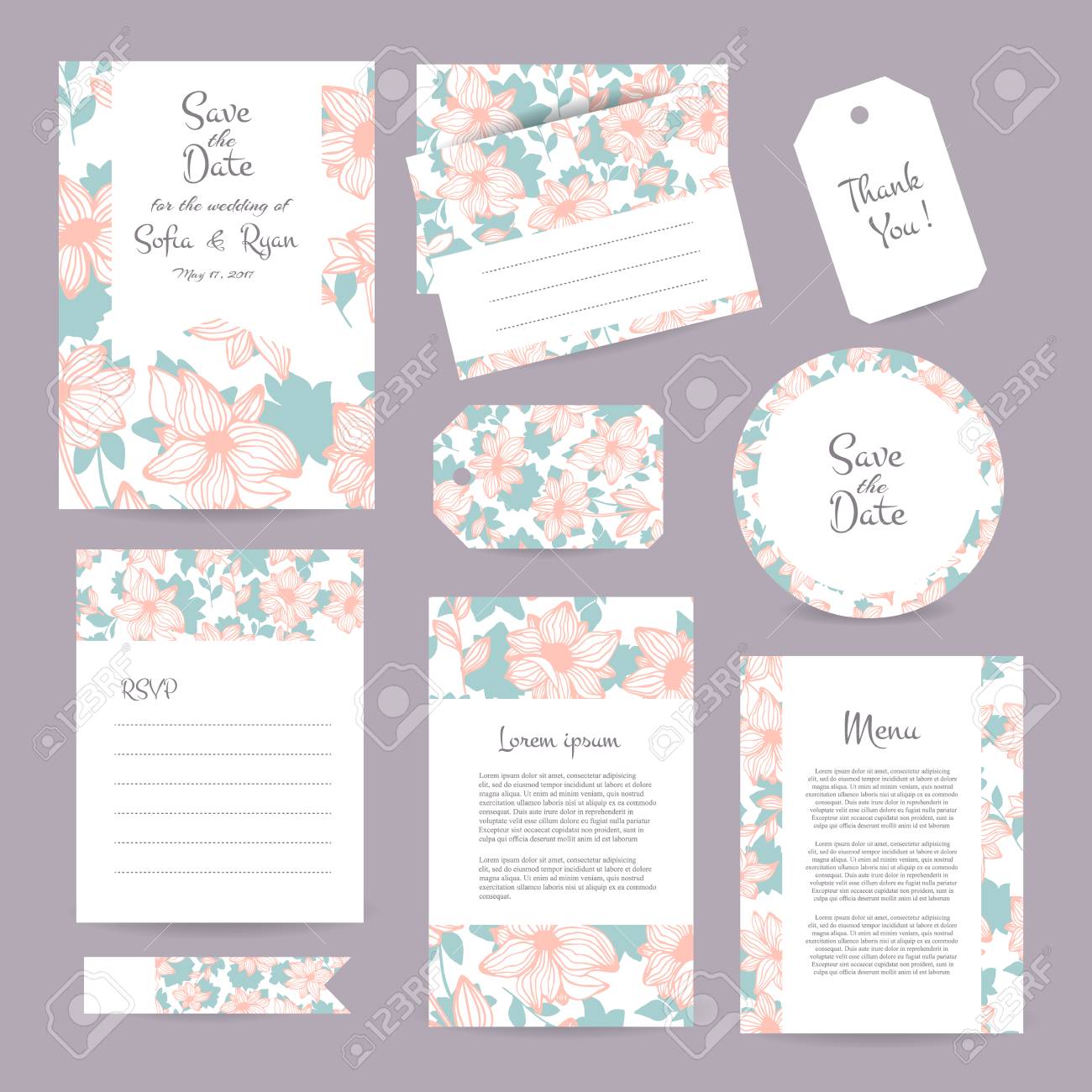 Vector Gentle Wedding Cards Template With Flower Design Wedding Invitation Or Save The Date Rsvp Menu And Thank You Card For Bridal Design Vector Set Of Postcard With Floral Decoration Royalty Free
