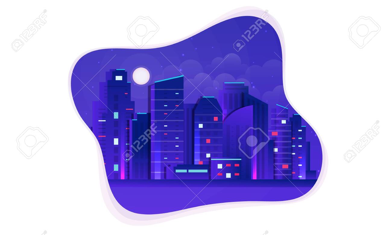 Vector Futuristic Night city illustration. Dark urban scape. Night cityscape with bright and glowing neon purple and blue lights, abstract background - 144459616 Vector Futuristic Night city illustration. Dark urban scape. Night cityscape with bright and glowing neon purple and blue lights, abstract background - 144459616