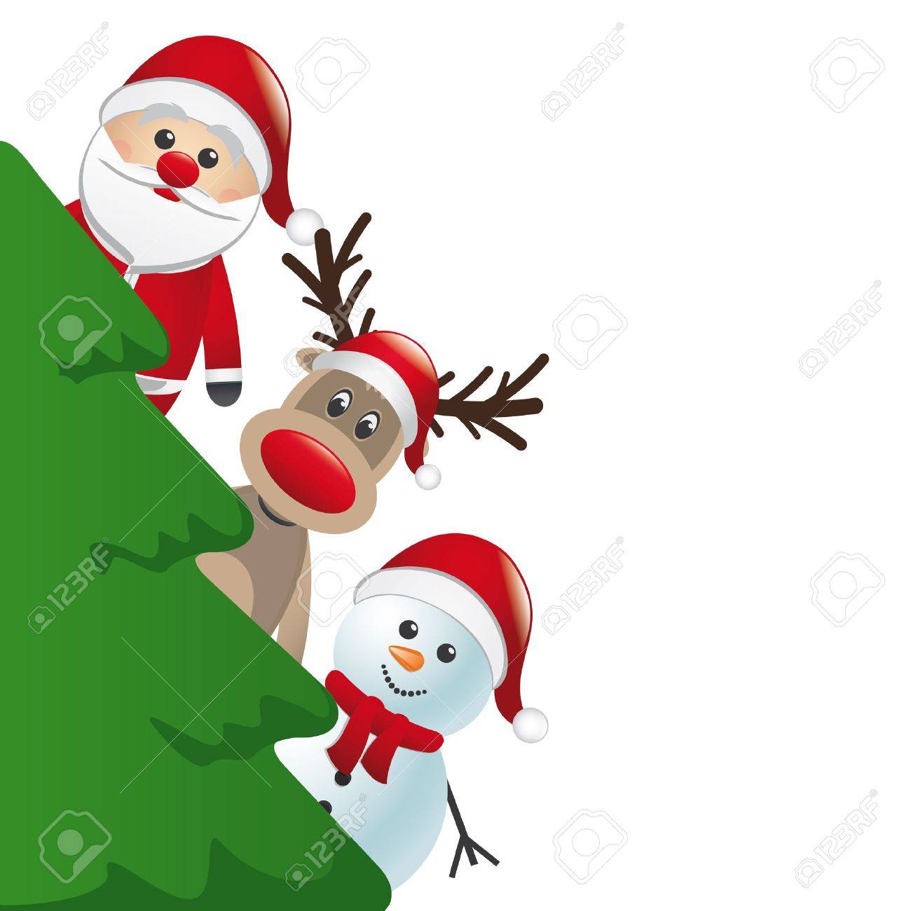 Santa Reindeer And Snowman Behind Christmas Tree Royalty Free SVG,  Cliparts, Vectors, and Stock Illustration. Image 15891305., image size:1300x1300