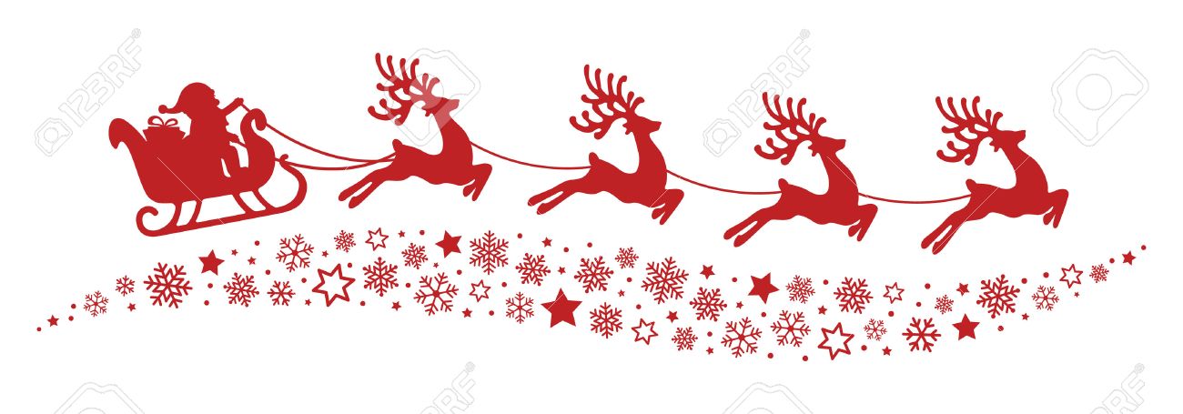 santa sleigh reindeer flying snowflakes red silhouette royalty free