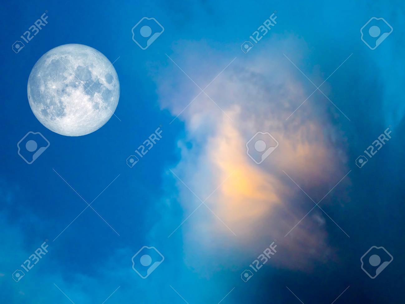 Full Moon Gold Cloud In The Blue Sky Light Of Sunset In Evening Stock Photo Picture And Royalty Free Image Image 68755977
