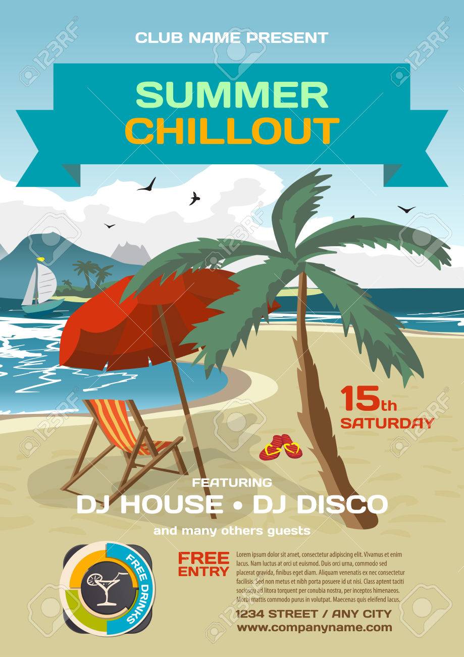 Vector summer party invitation lounge. umbrella, palm tree and ... Poster per salotto