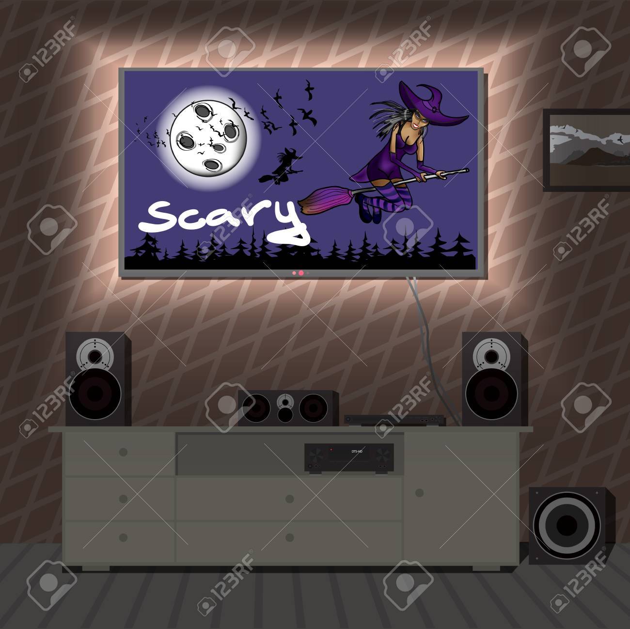ハロウィーンについての映画は奥の部屋でホームシアター システム ホームシアター フラットのベクター イラストです テレビ 床のスピーカー プレーヤー 受信機 ホーム映画館 アパートで音楽のためのサブウーファーのイラスト素材 ベクタ Image
