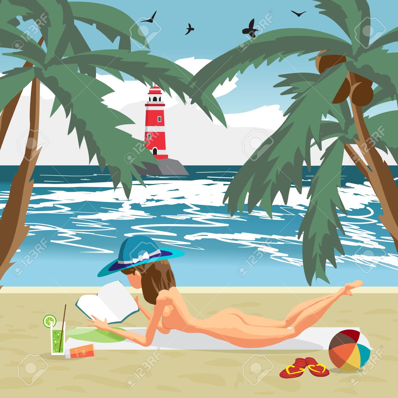 海風景夏のビーチ ヤシの木 専用ビーチ 女性は青い帽子の日光浴で裸 ビーチで裸の女性と夏の背景 のイラスト素材 ベクタ Image
