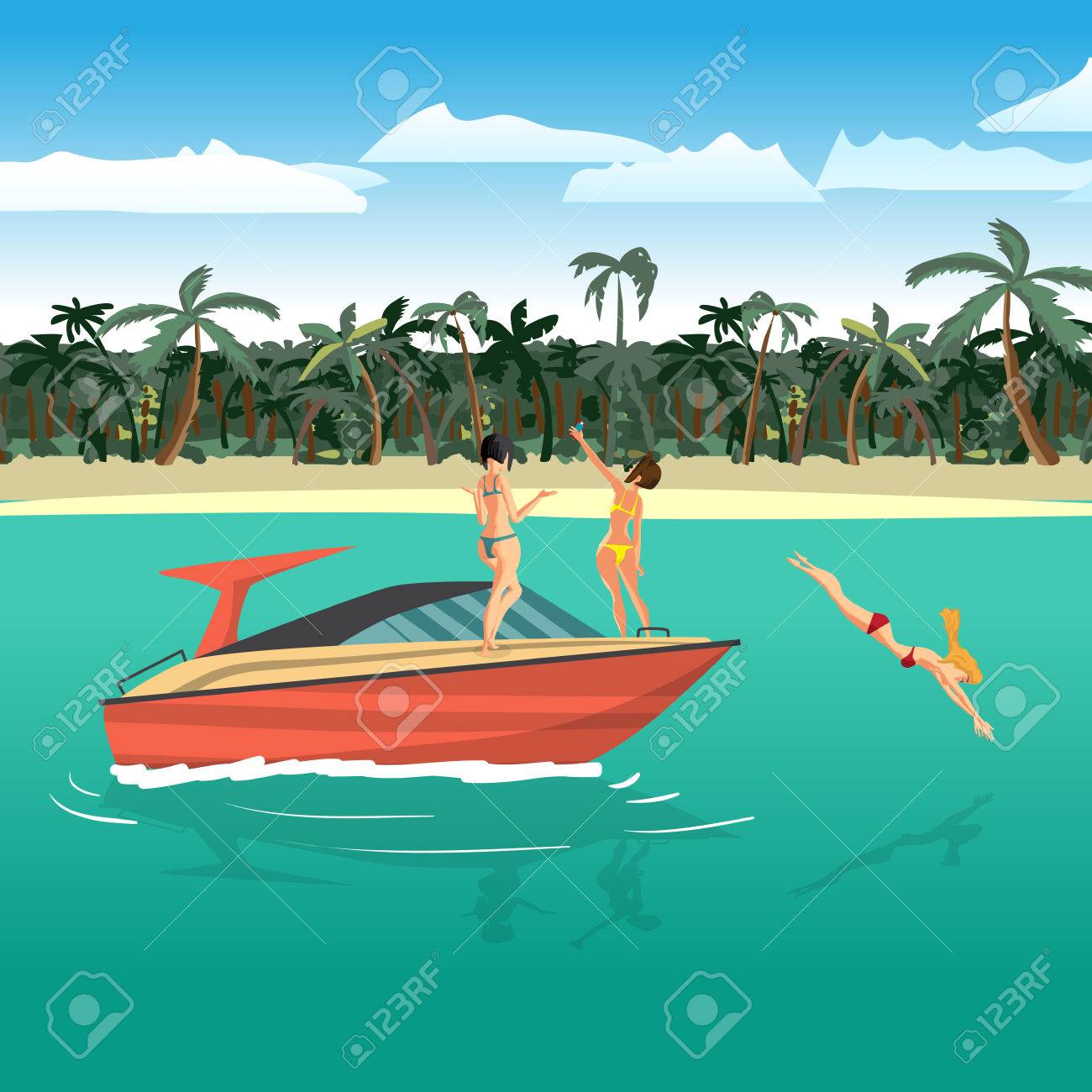 Les Femmes En Bikini à Cheval Sur Un Bateau à Moteur Autour Dune Plage Tropicale Fille Dans Un Maillot De Bain Rouge Plonge Dans Leau Dessin Animé
