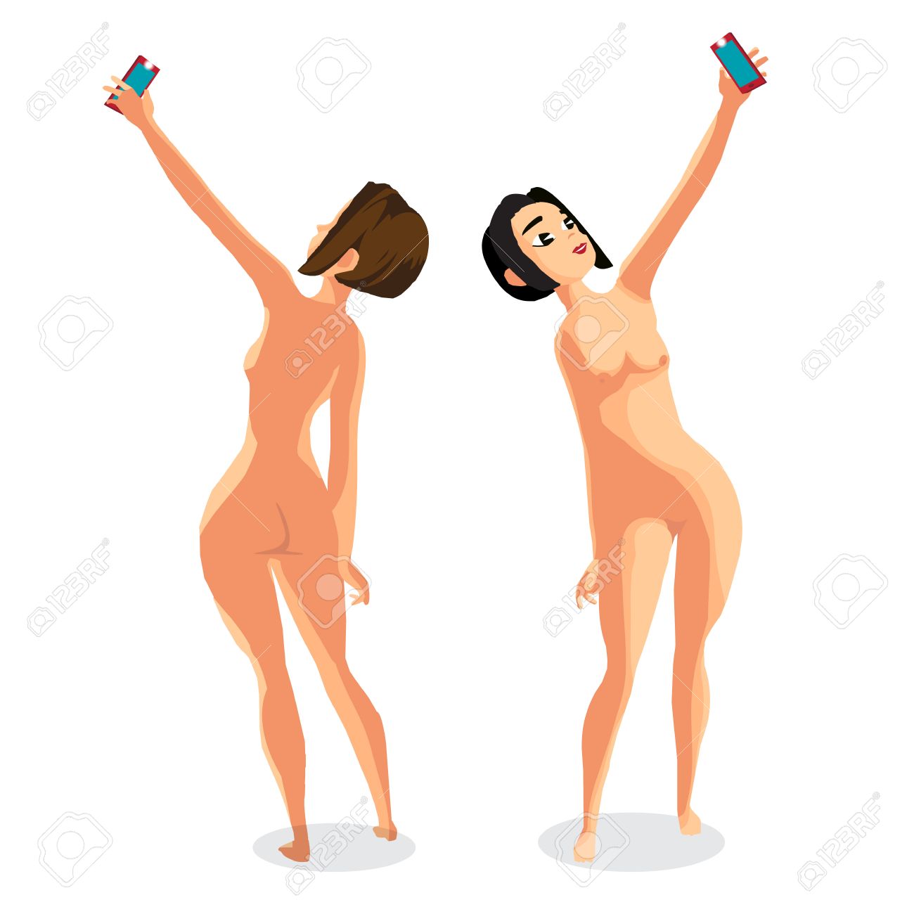 Mujer Morena Nudista Está De Pie Y Hace Autofoto. Espalda, Vista Frontal.  Ilustración De Dibujos Animados Plana Aislada. La Chica Cómico En La Playa  Desnuda Con El Teléfono Inteligente. Ilustraciones svg, vectoriales,