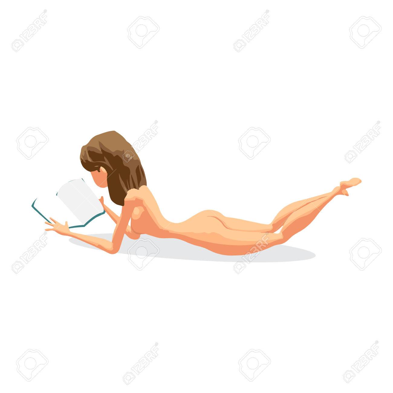 Mujer Delgada Nudista Mentir Y Leyendo Un Libro. Ilustración De Dibujos  Animados Plana Aislada. Delgada Morena De Altura En La Playa Desnuda  Ilustraciones svg, vectoriales, clip art vectorizado libre de derechos.  Image