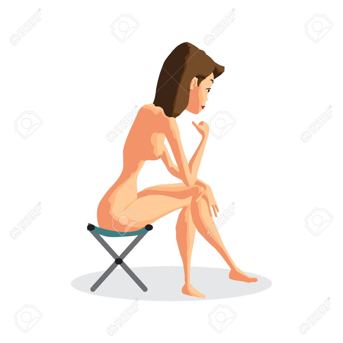 Nudista Esbelta Morena Sentada En Una Silla Plegable En La Playa.  Ilustración De Dibujos Animados Plana Aislada. Delgada Morena De Altura En  La Playa Desnuda Ilustraciones svg, vectoriales, clip art vectorizado libre