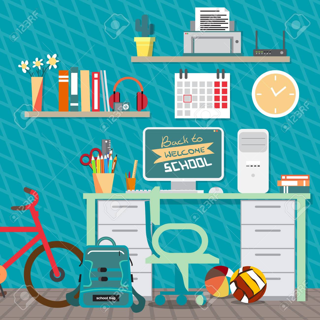 Back To School Concept Teenagers Workspace With Desk, Computer Back To School Concept Teenagers Workspace With Desk, Computer