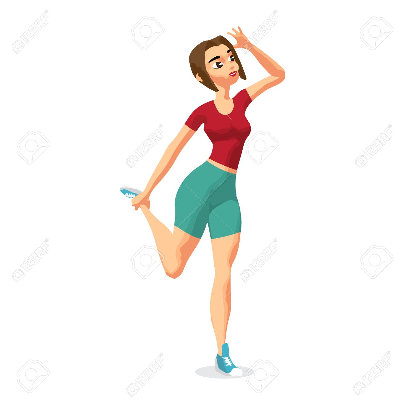 Mujer Haciendo Ejercicios Gimnásticos. Chica En Ropa Deportiva Haciendo Estirar La Pierna. De Dibujos Animados Plano Aislado Vector Ilustraciones Svg, Vectoriales, Art Vectorizado Libre Derechos. 72007537.
