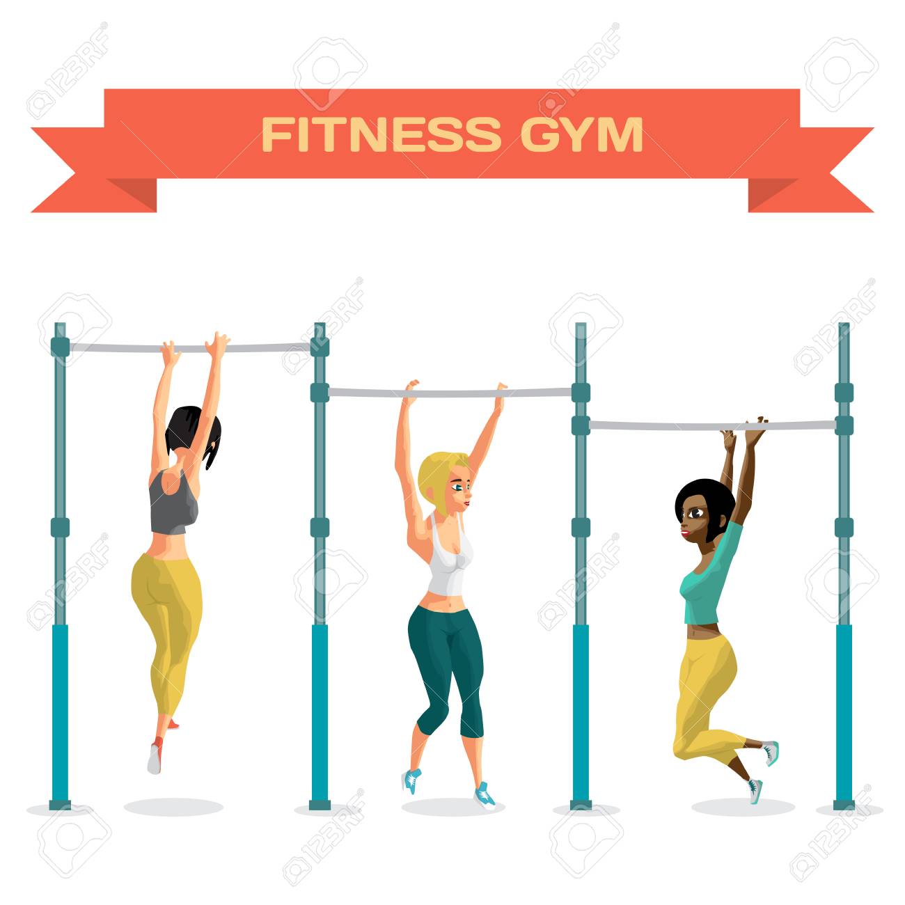 鉄棒にぶら下がっているスポーツ服の若い女性 のイラスト素材 ベクタ Image