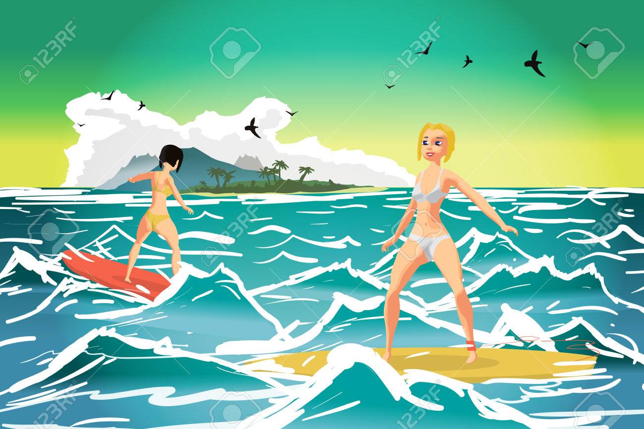 Des Jeunes Femmes En Bikini Surfer Sur La Vague Au Coucher Du Soleil Paysage Dété De La Mer Tropicale Vector Illustration Dessin Animée