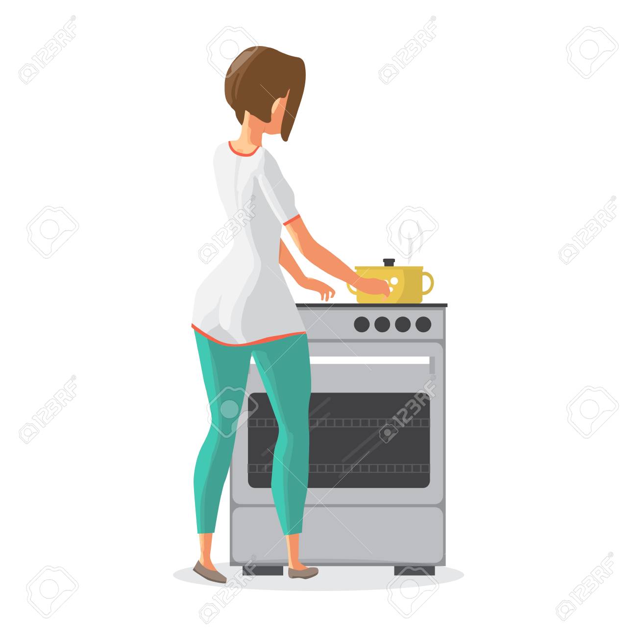 若い女性の主婦はストーブの上にスープを調理しています 女の子は鍋で料理を作っています 背面図 フラット漫画ベクトルイラスト のイラスト素材 ベクタ Image