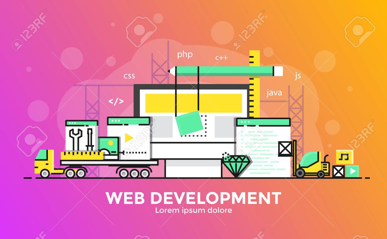 Thin Line Smooth Gradient Flat Design Banner Of Web Development