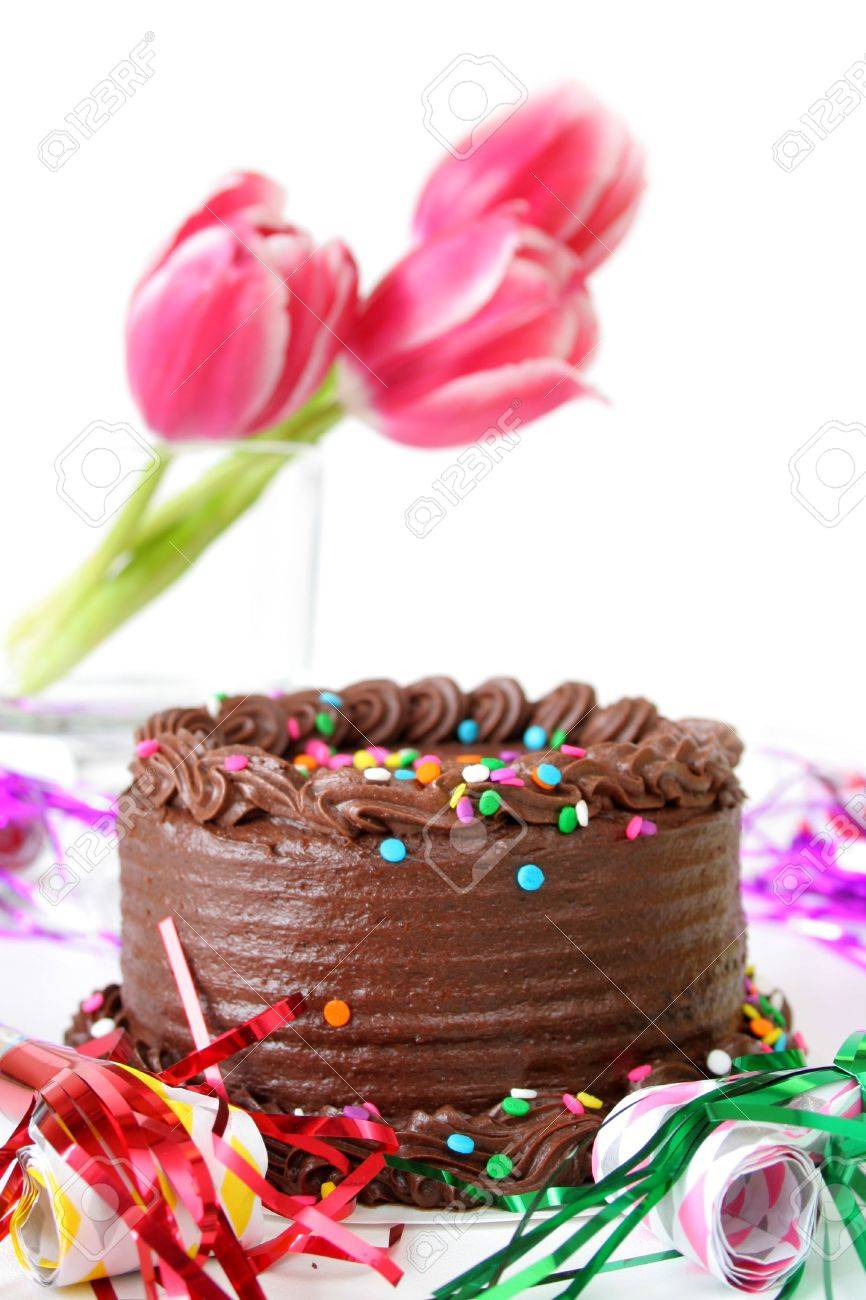 Gateau D Anniversaire Au Chocolat Avec Partie Faveurs Et Tulipes Banque D Images Et Photos Libres De Droits Image