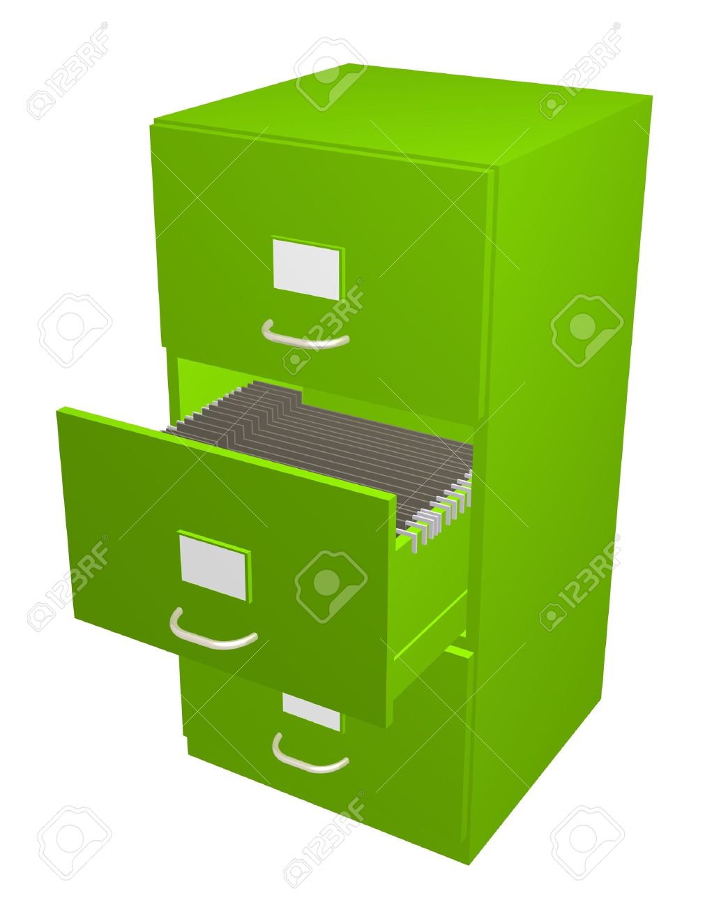 3d Illustration Of A Green Filing Cabinet With The Middle Draw