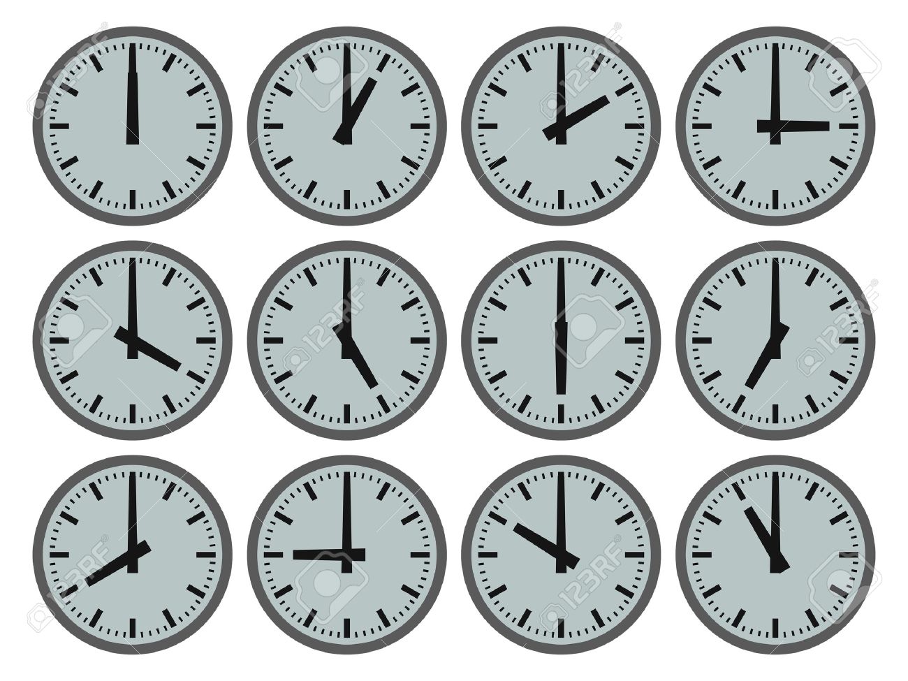 illustration of 12 clocks showing hourly times stock photo illustration of 12 clocks showing hourly times stock photo