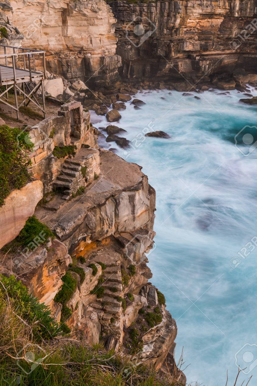 Steep Cliff Stairs Into The Ocean At Diamond Bay Sydney Au Stock