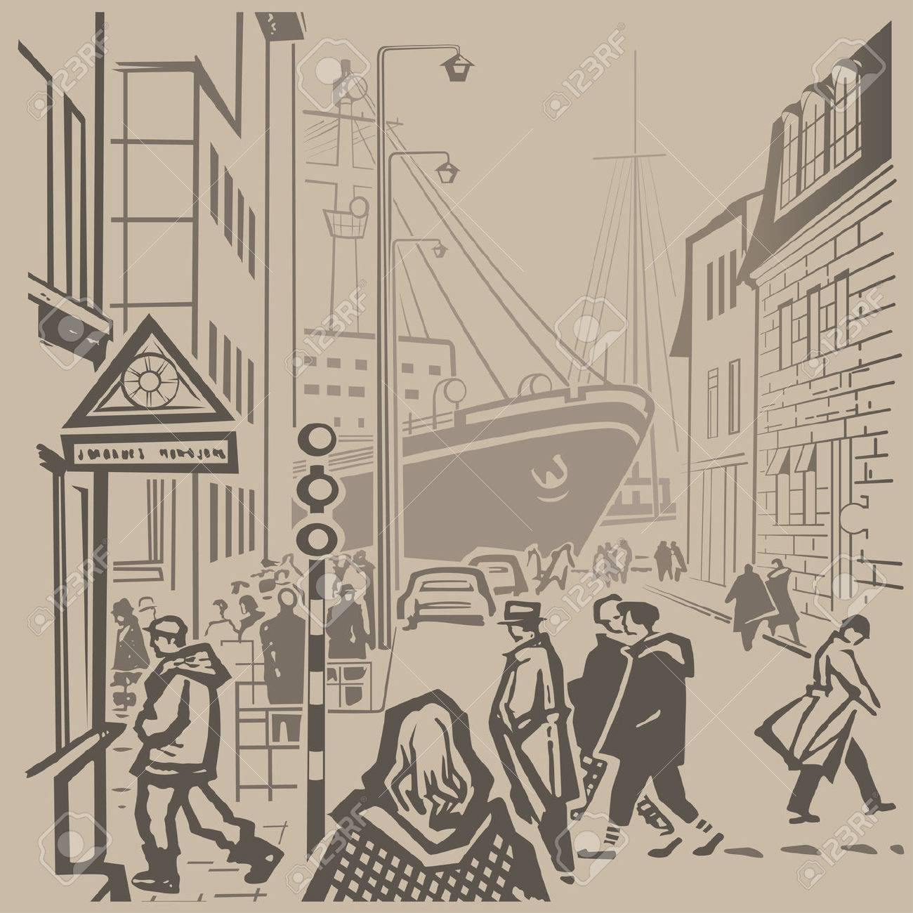 欧州の繁華街ポート市ベクトル レトロなイラストのイラスト素材 ベクタ Image 26573317