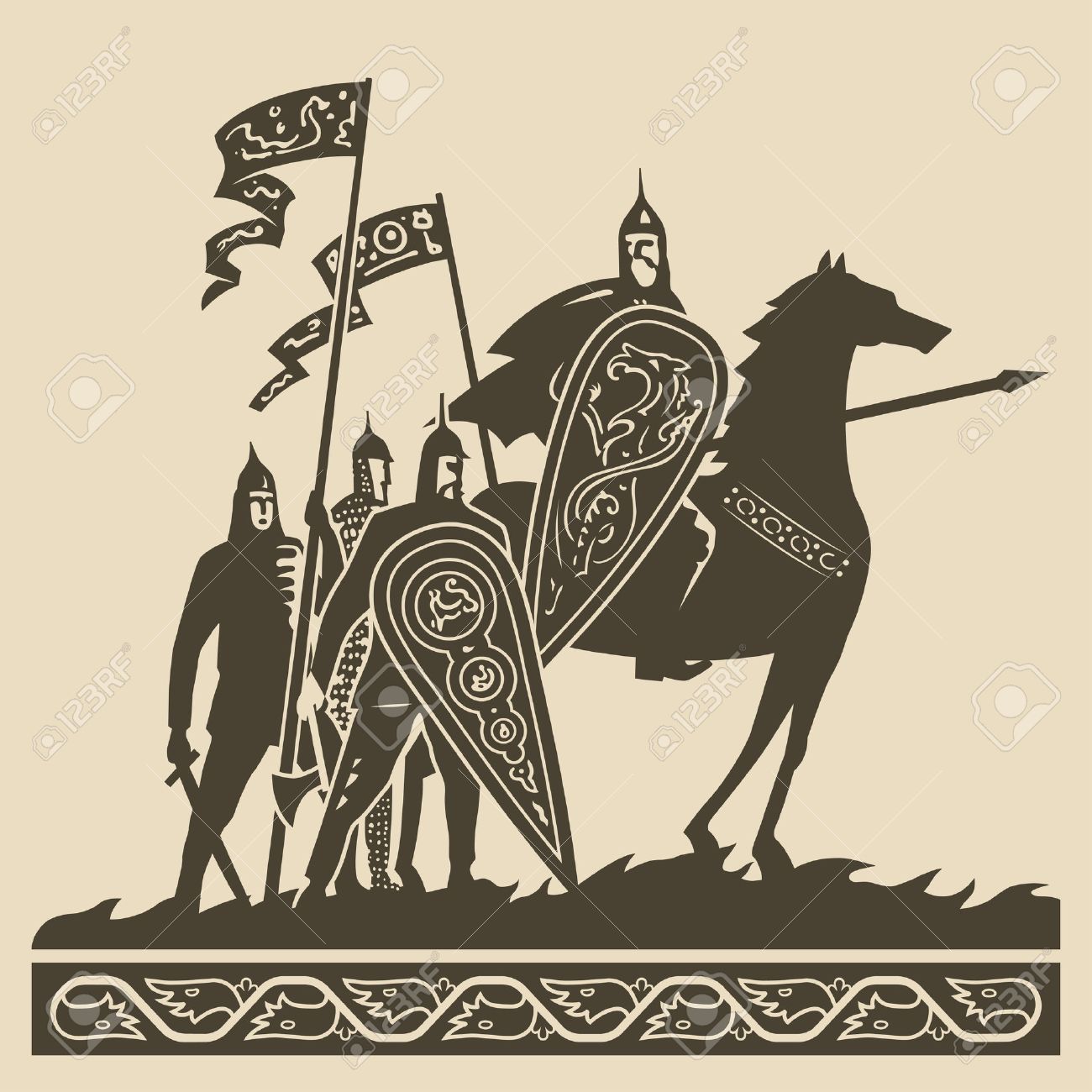 Medieval knights in full armor with large decorated shields and waving standards standing on the battlefield awaiting of the battle vector illustration - 30442653 Medieval knights in full armor with large decorated shields and waving standards standing on the battlefield awaiting of the battle vector illustration - 30442653