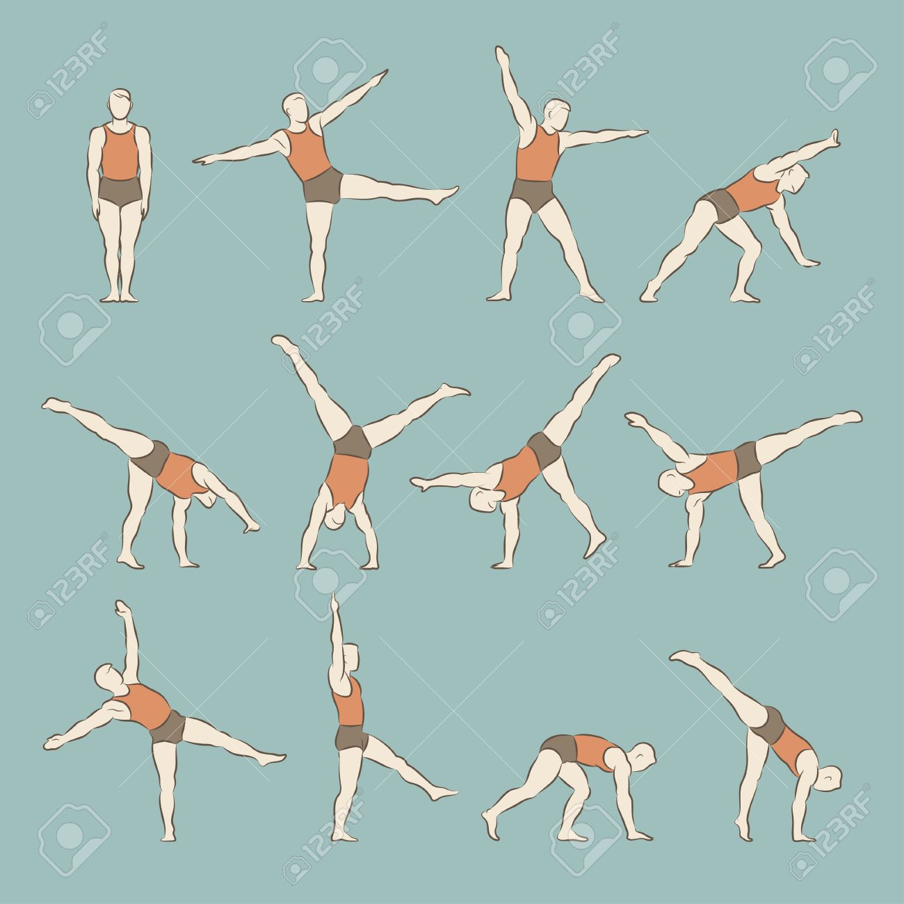 人間図のベクトルのセットの数値は青色の背景イラストを分離した体操やアクロバットの練習を行うさまざまなポーズ のイラスト素材 ベクタ Image
