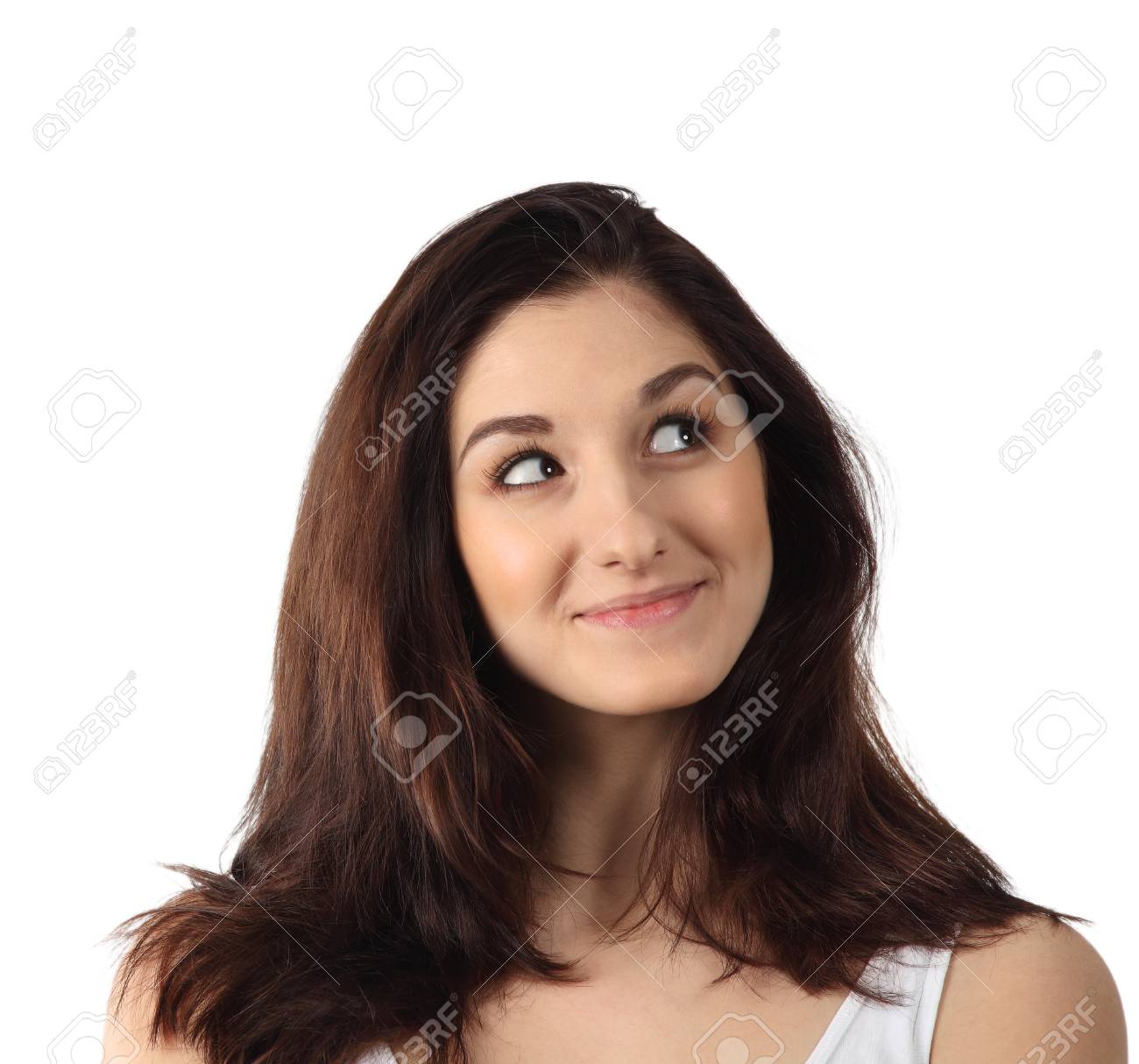 美しい思いやりのある女性探しています 白で隔離 の写真素材 画像素材 Image