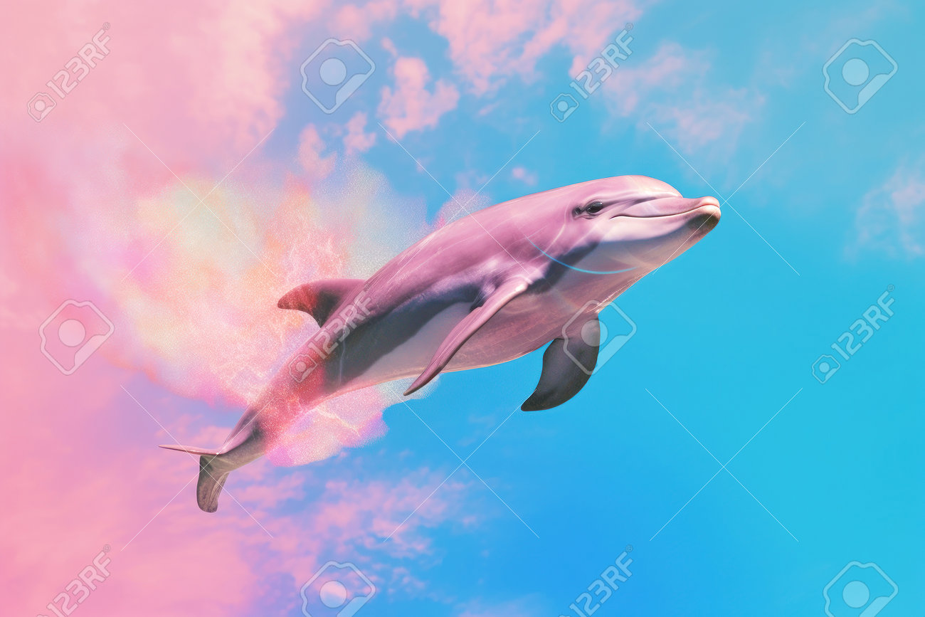 Beautiful Dolphin On A Sunset Background With Magical Pink Clouds. A  Realistic Sea Animal Jumping Into A Fantasy Sky. Created Using Generative  AI. Stock Photo, Picture and Royalty Free Image. Image 209571032., image size:1300x867