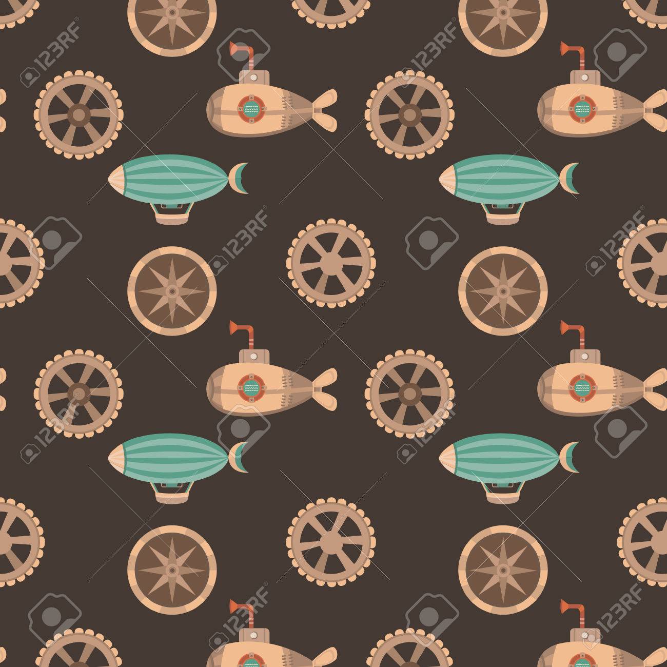 スチーム パンクのスタイルでのシームレスなパターン カード 招待状 Web ページ バナー 壁紙の背景 バルーン 歯車 潜水艦とのシームレスなビンテージ テクスチャです ヴィンテージ背景 のイラスト素材 ベクタ Image