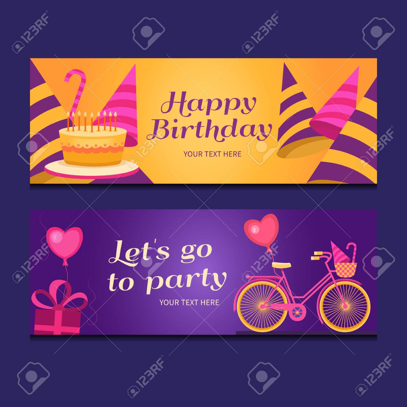 Bonne Collection De Bannieres D Anniversaire Ensemble De Modeles De Voeux Cartes D Invitation A La Fete Cartes Vectorielles Avec Gateau Des Ballons Des Bonbons Des Cadeaux Des Casquettes Et Velo Affiche Allons A